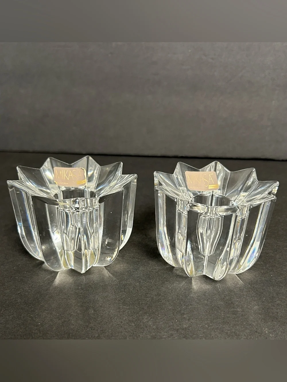 Mikasa Vintage Set of 2 Lead Crystal Glass Taper Candle Holders Retired “Comet”